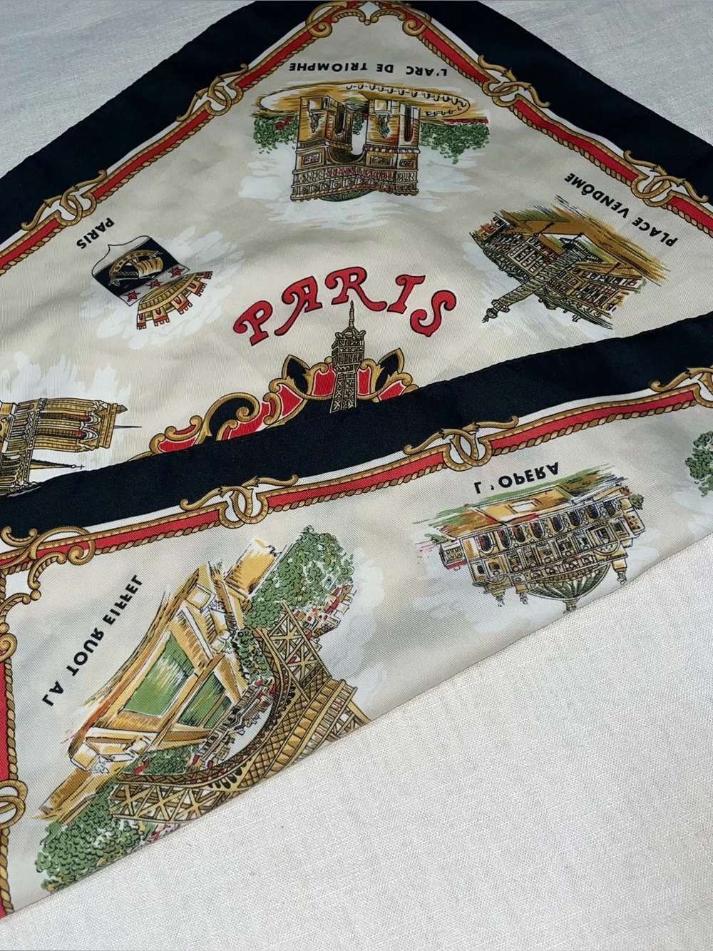 Vintage Silk Scarf Paris France Travel Tourist Graphic Print Rolled